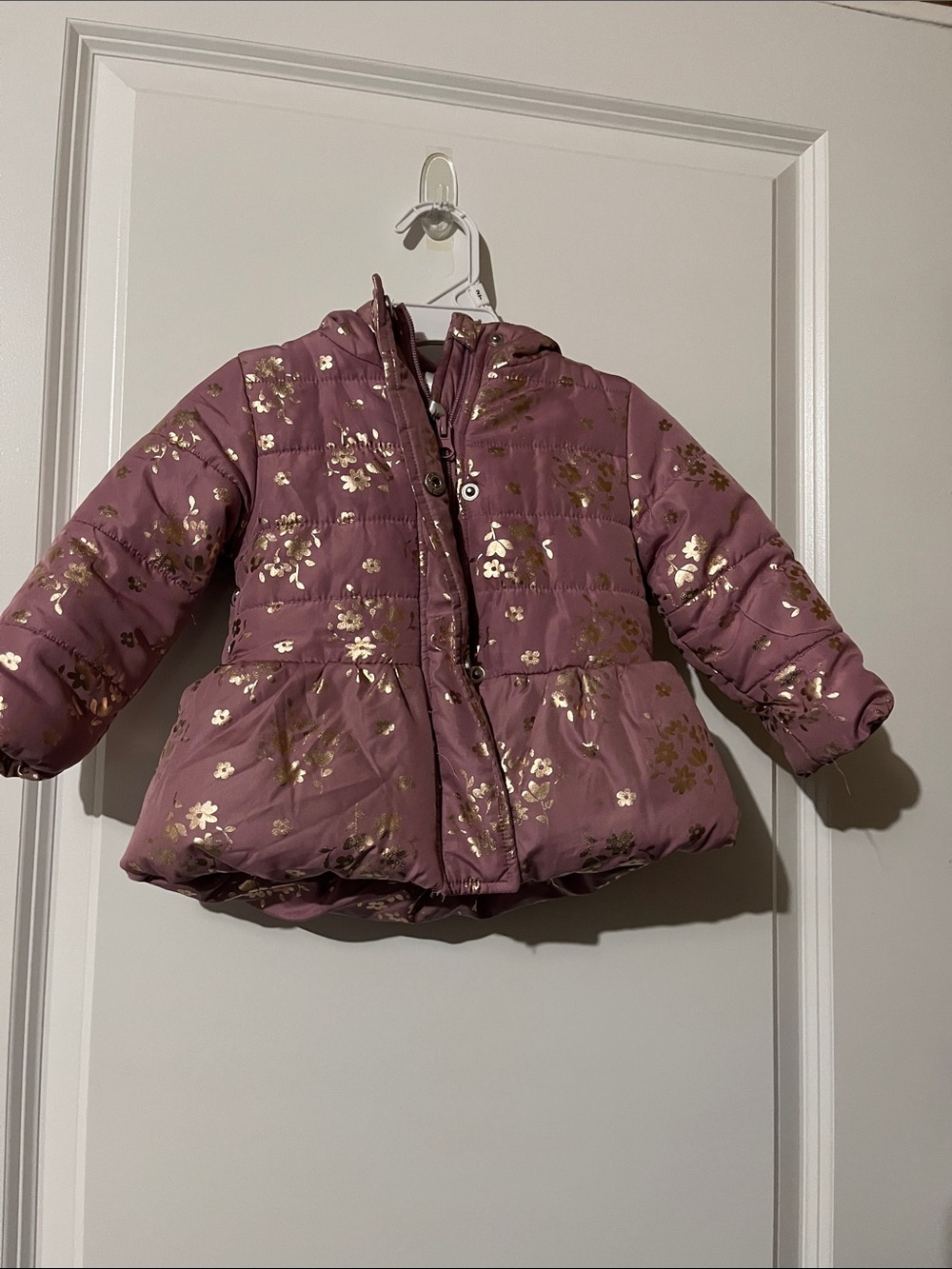 Girls' Hooded Mauve Puffer Jacket with Metallic Floral Detail